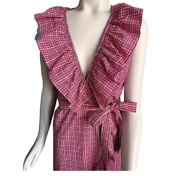 MISA Los Angeles Stella Gingham-Print Draped Ruffle Midi Wrap Dress Pink - Picture 14 of 16